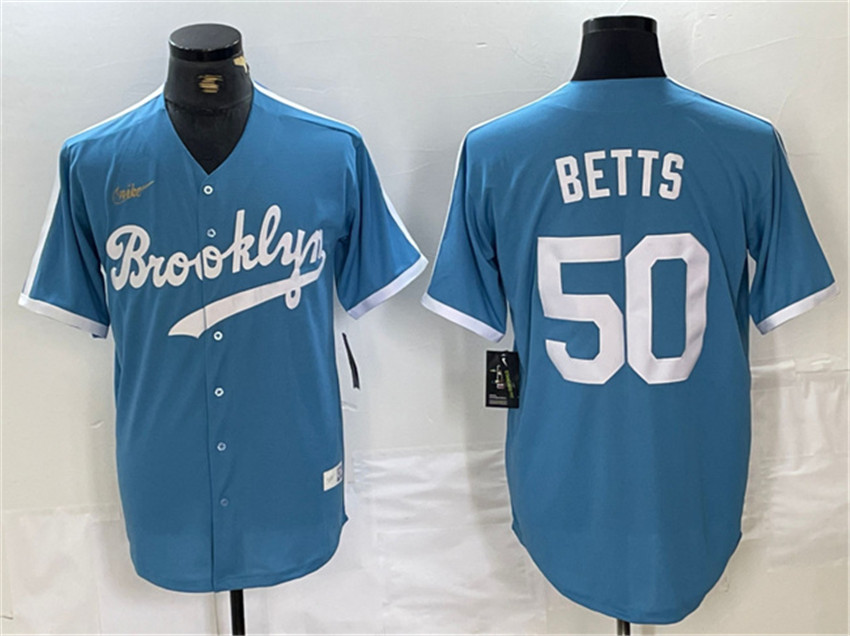 Men's Light Blue Los Angeles Dodgers #50 Mookie Betts Throwback Cool Base Stitched Baseball Jersey